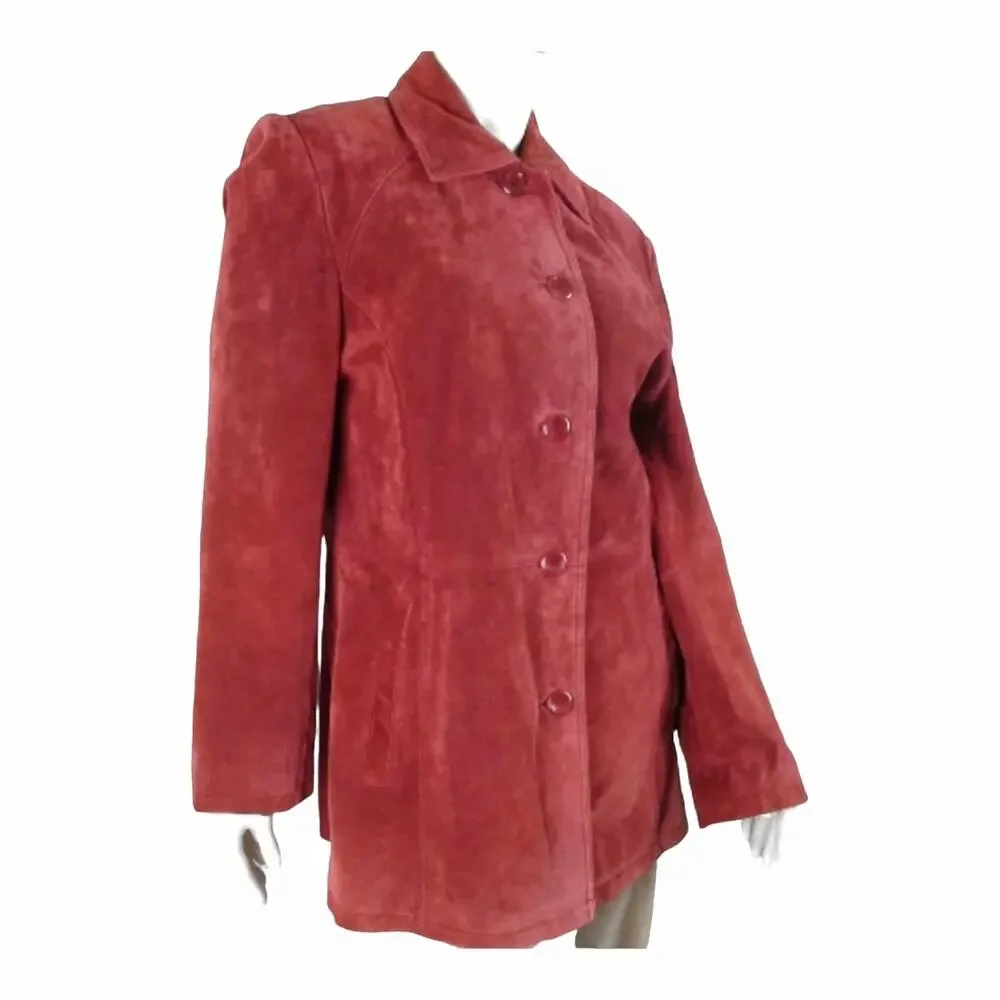 BERNARDO Vintage Red Leather Suede Coat Size L Hip Length Blazer Style Jacket